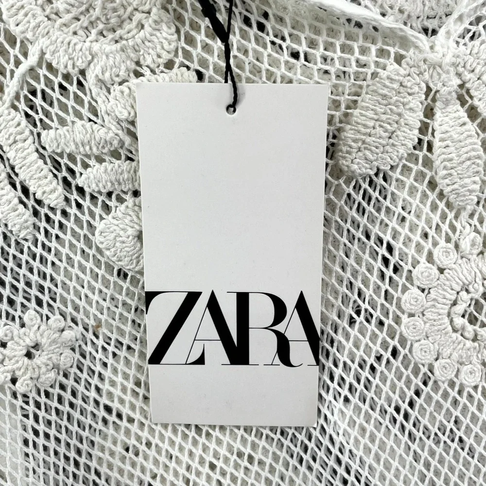 ZARA Crochet Top Womens Large White Floral Embroidered Preppy Classic Minimalist